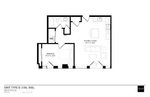 Floor plan for 1 bed, 1 bath, 743 sqft